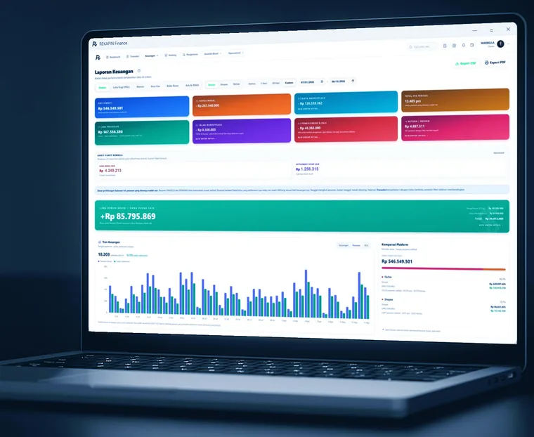 Aplikasi desktop REKAPIN Finance di laptop, membuka halaman Laporan Keuangan