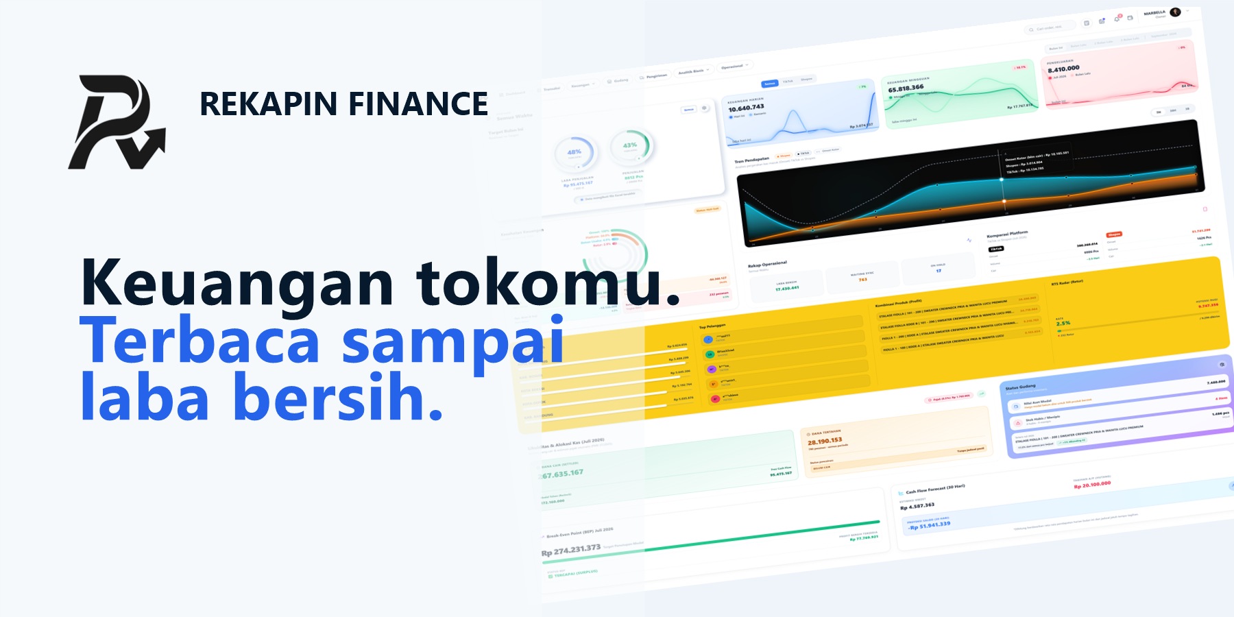 Poster REKAPIN Finance dengan logo resmi dan dashboard aplikasi