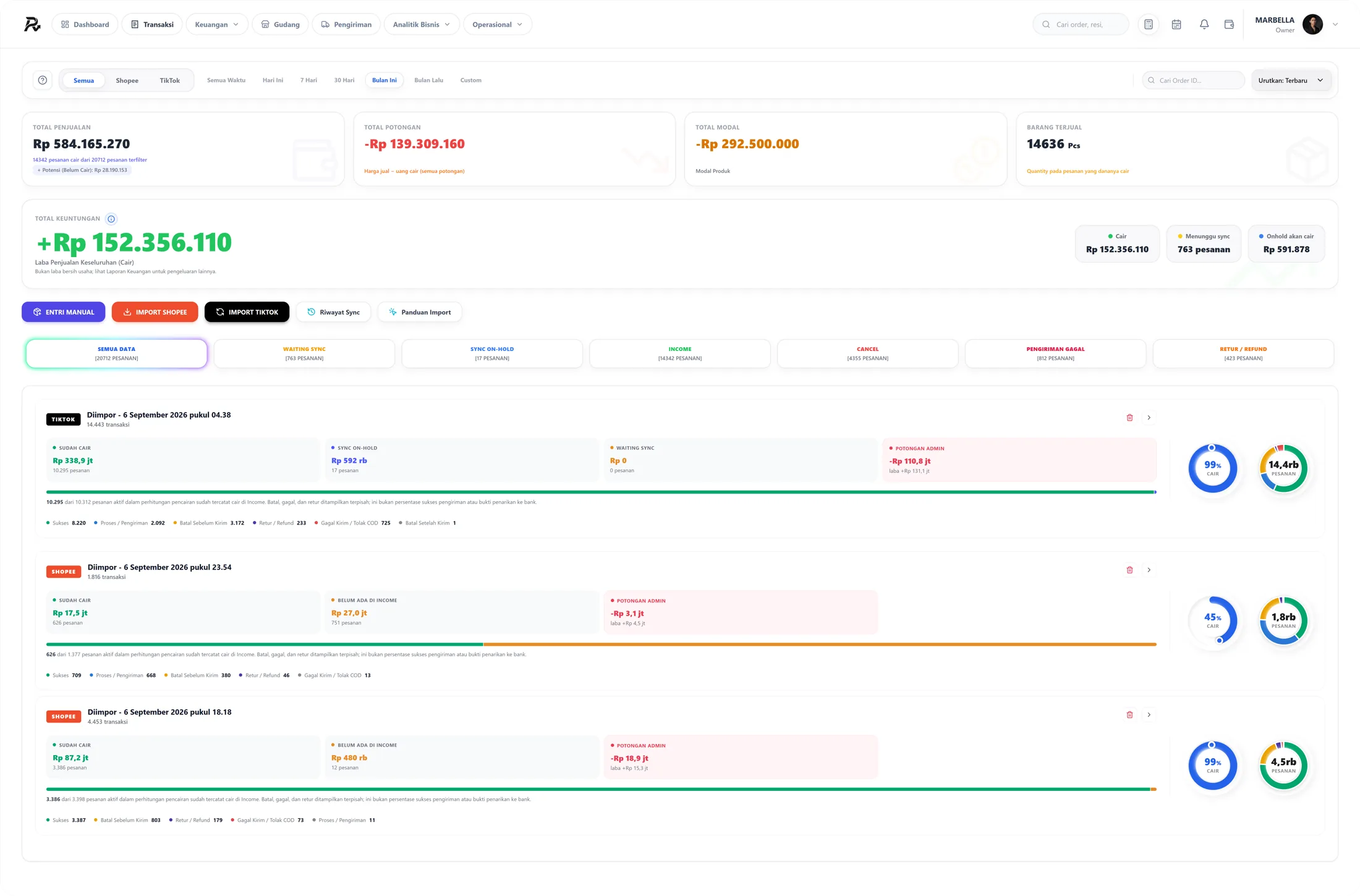 Halaman Transaksi Marketplace di aplikasi REKAPIN Finance