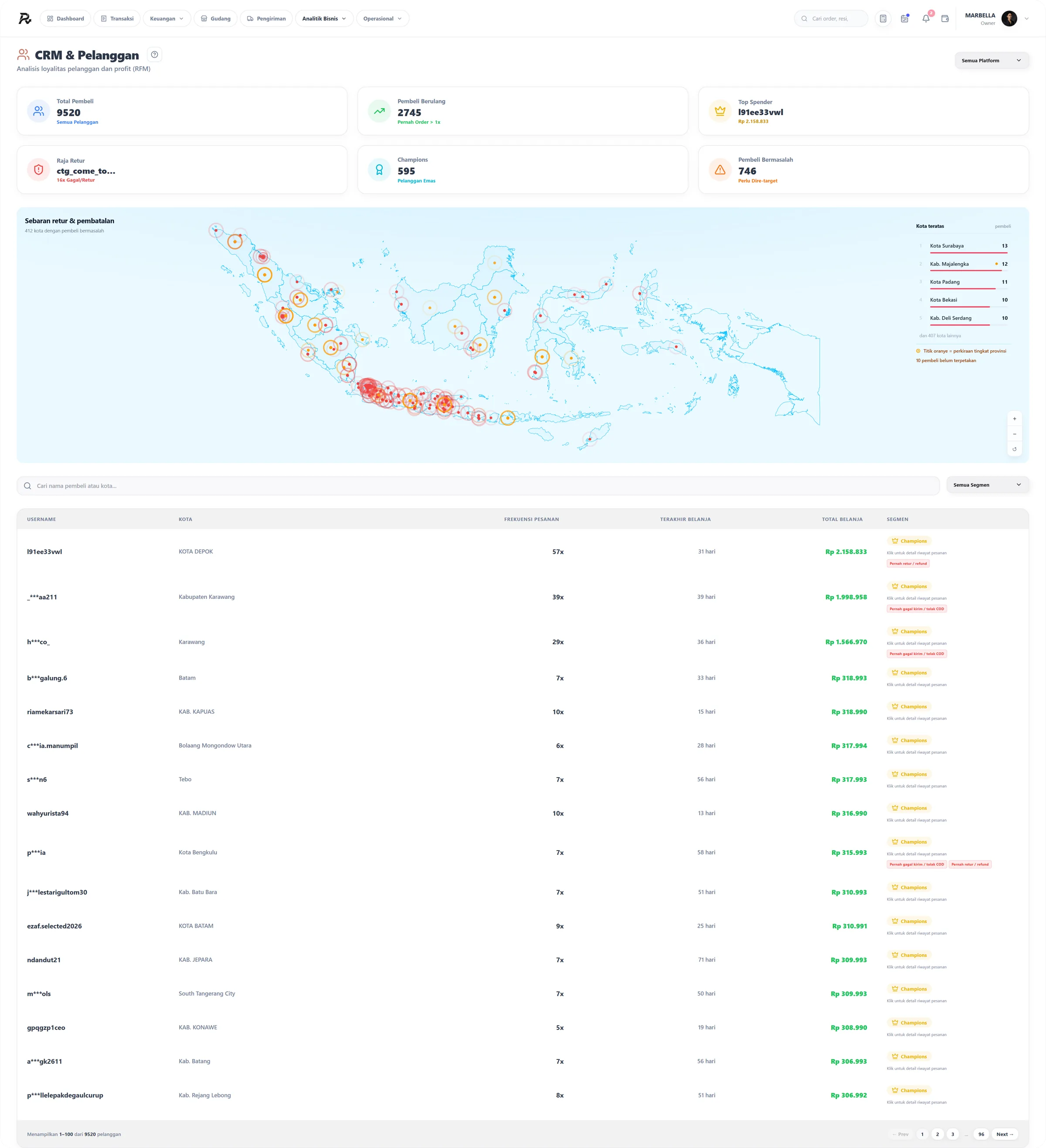 Halaman CRM REKAPIN dengan peta wilayah dan daftar risiko retur pelanggan marketplace