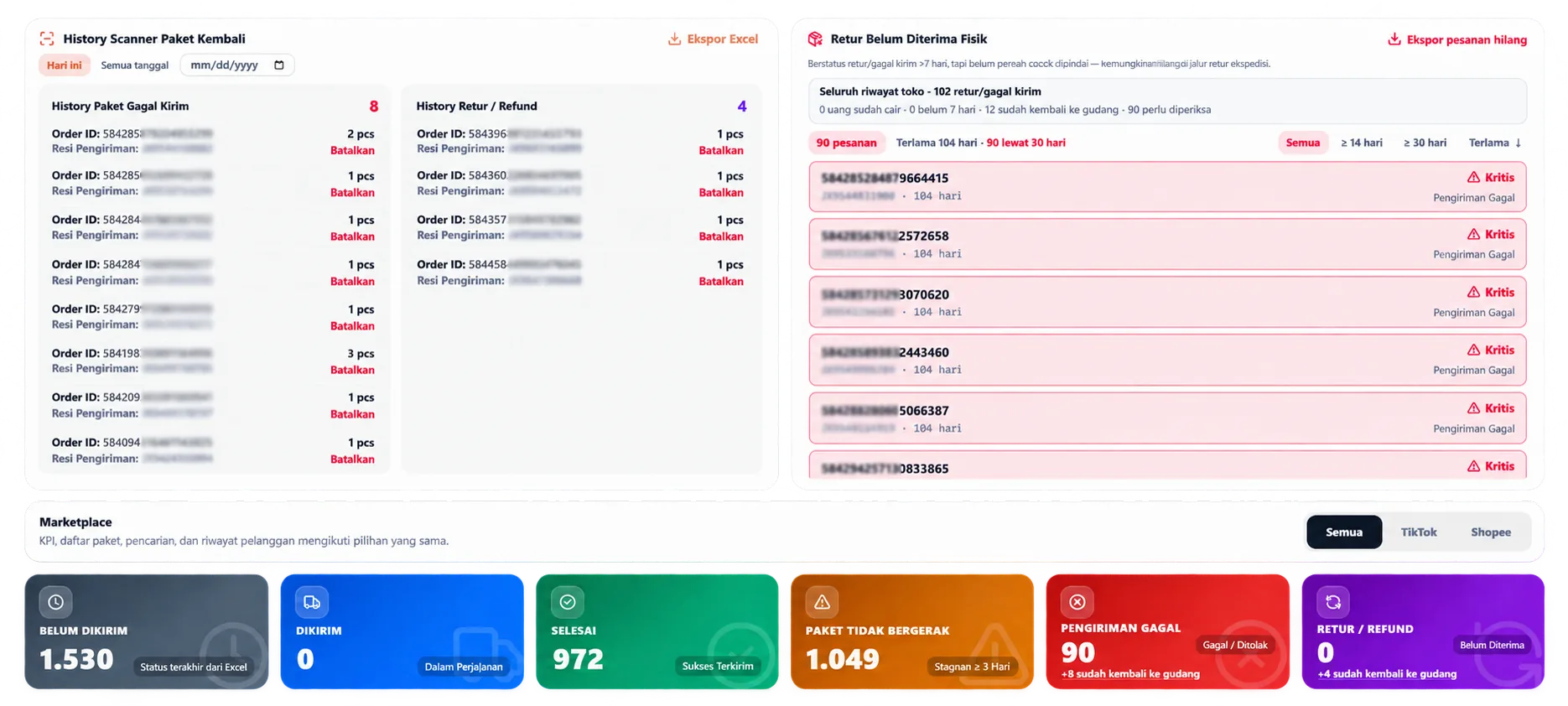 Tampilan scanner paket retur REKAPIN untuk mencocokkan resi dengan barang yang kembali
