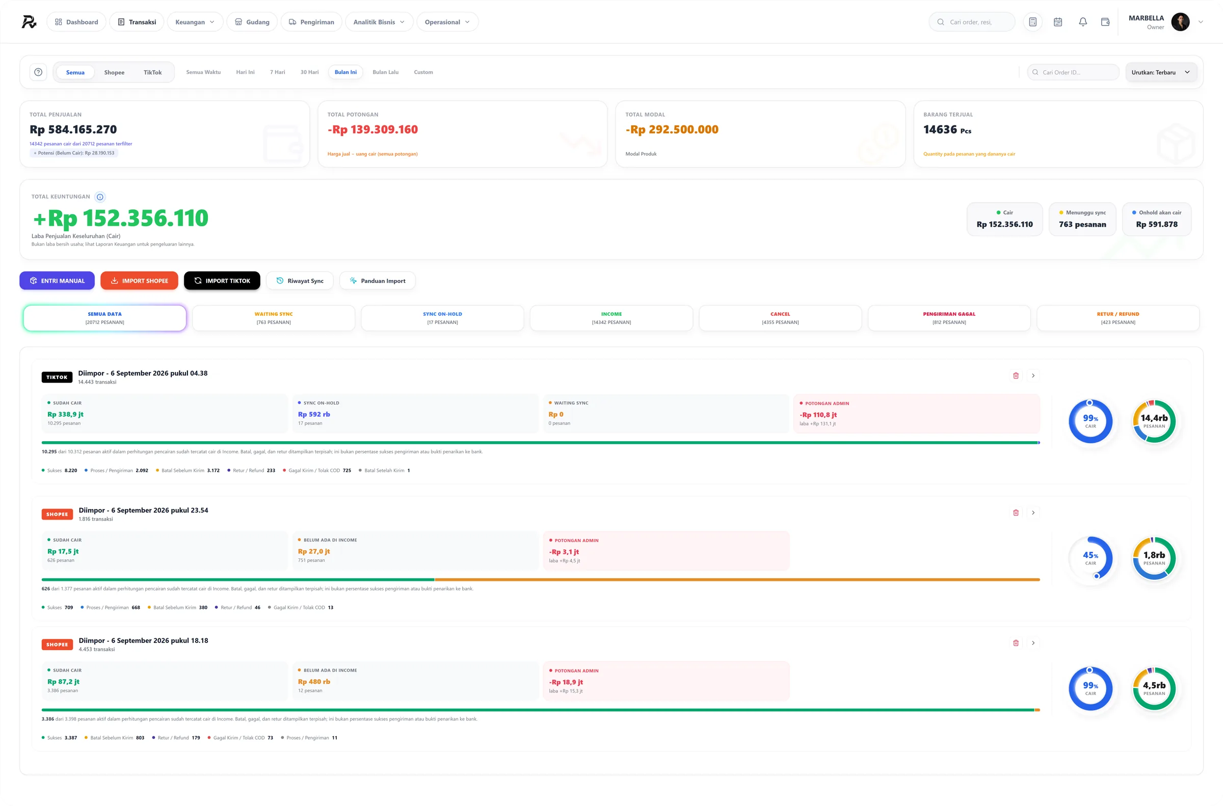 Screenshot asli Transaksi Marketplace di aplikasi REKAPIN Finance